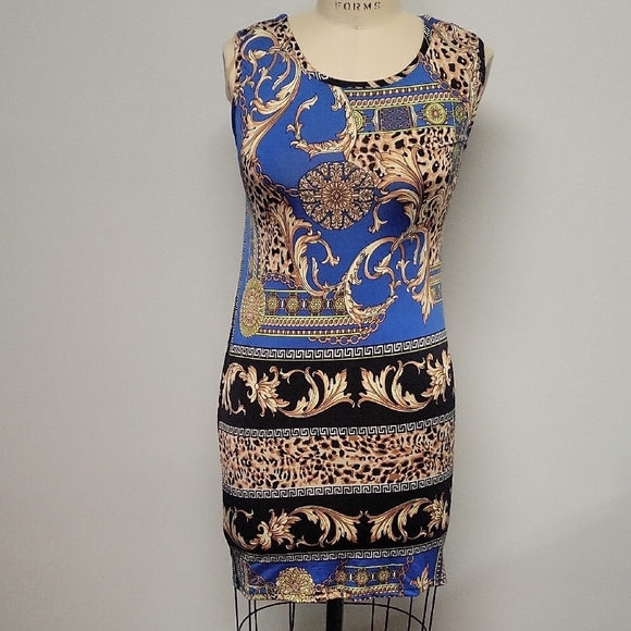 Blush Dresses & Skirts - Blush Blue and Gold Baroque Mini Dress With Crossed Back